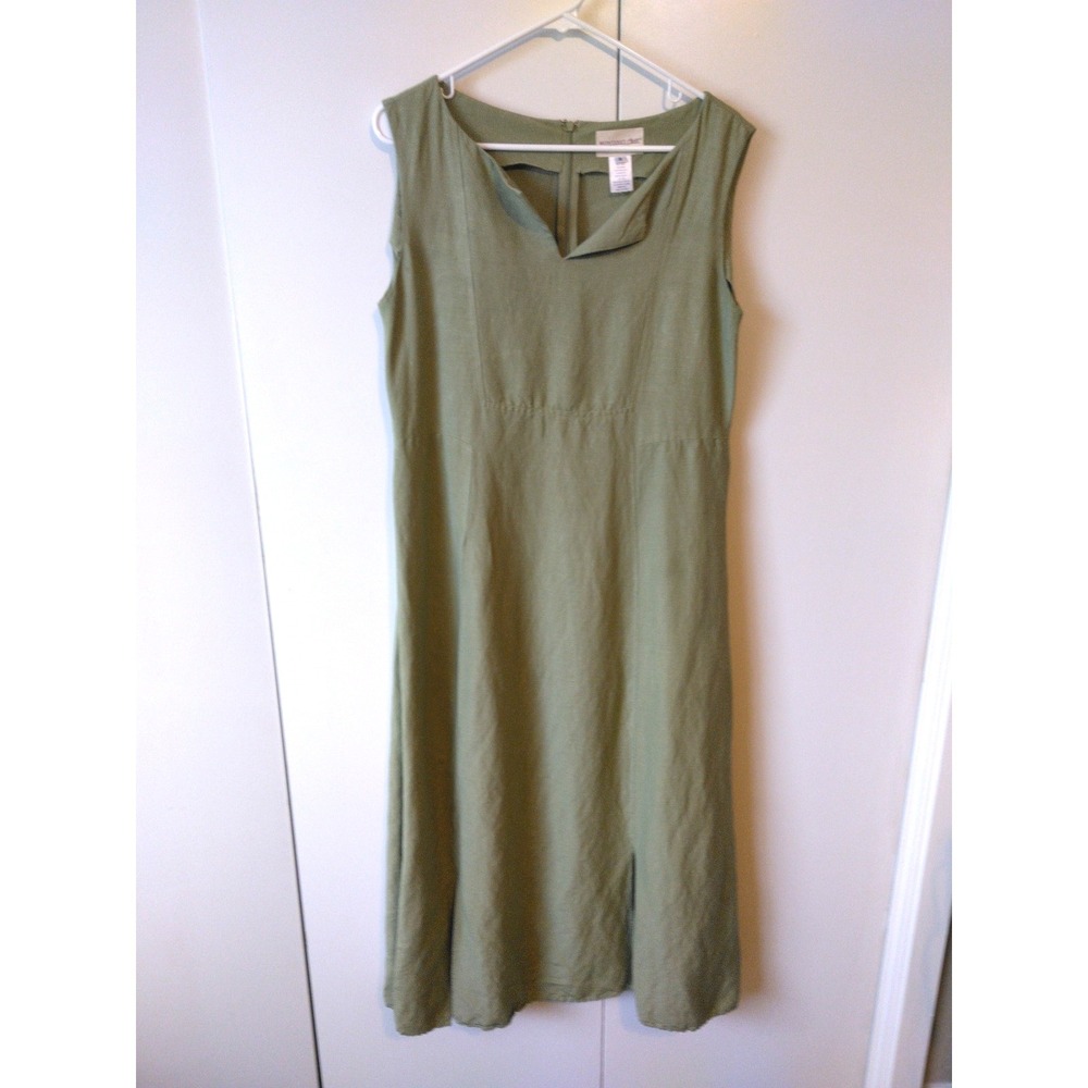Vintage Linen Blend Womens Midi Dress Size 8 Sage Green 90s Minimalism Office